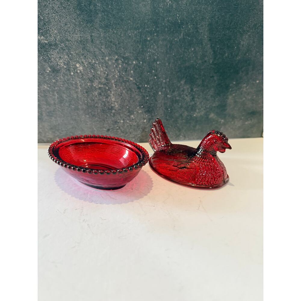 Vintage Ruby Red Glass Hen On Nest Covered  Dish Beaded Rim 5 Inch - Picture 9 of 13